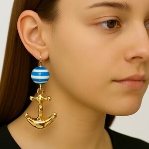 Anchor Charm Gold Dangle Earrings White & Blue Beads Fashion Fashion Jewelry